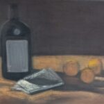 Escena de botella y naranjas